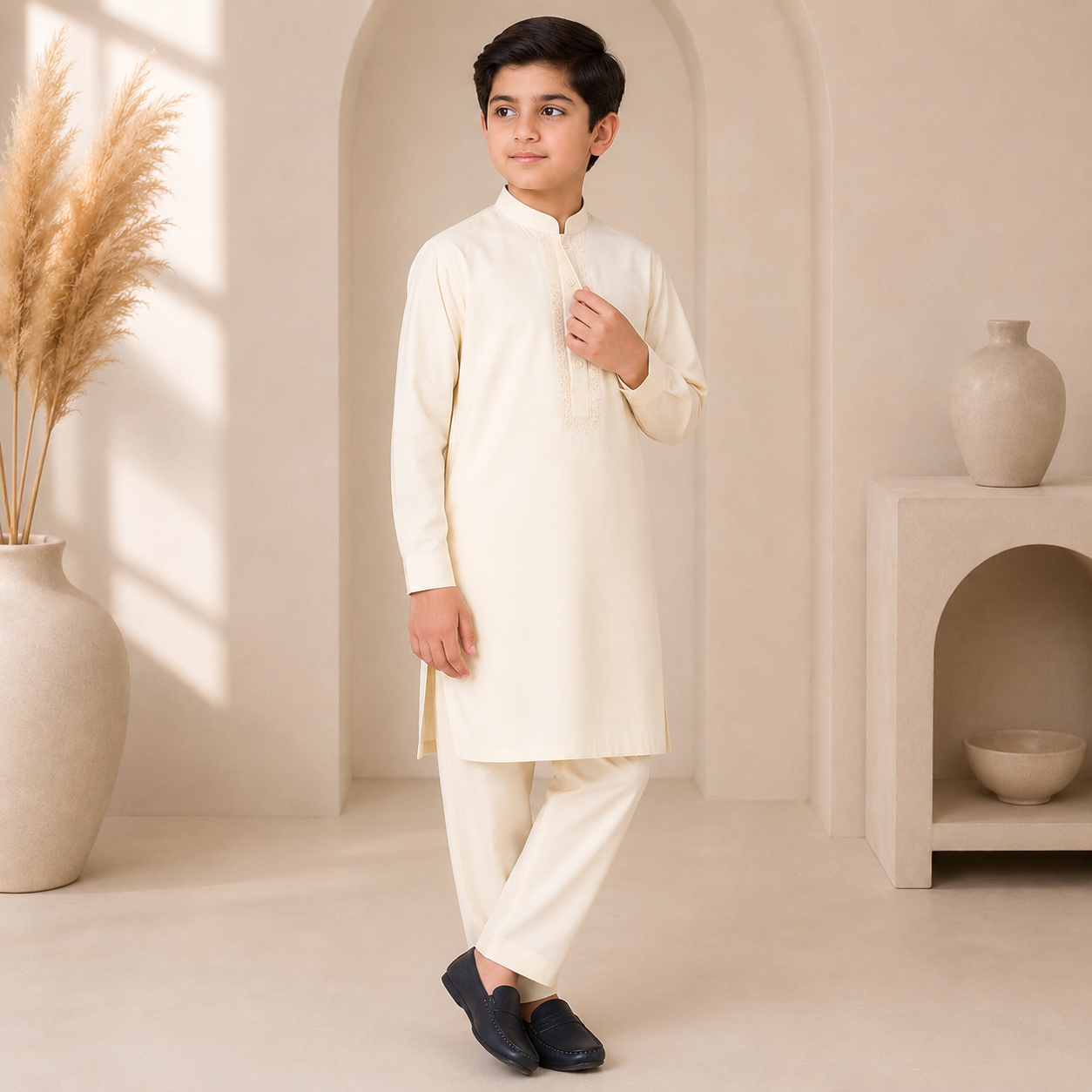 Boys Embroidered Cream Kurta Trouser