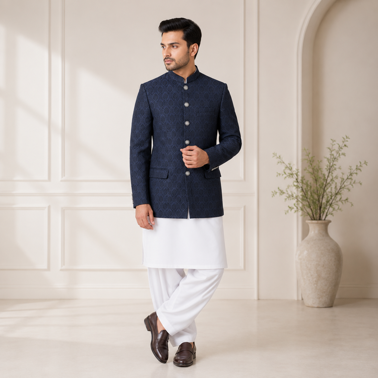 Men’s Navy Blue Embroidered Prince Coat