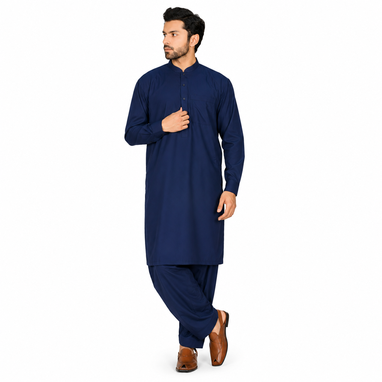 Al-Qaisar Men's Plain Navy Blue Ban Collar Plain Shalwar Kameez AQ-102
