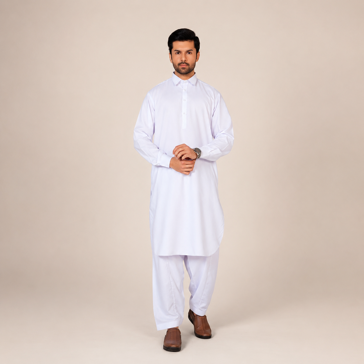 Al Qaisar White Collar Kameez Shalwar AQ-104C