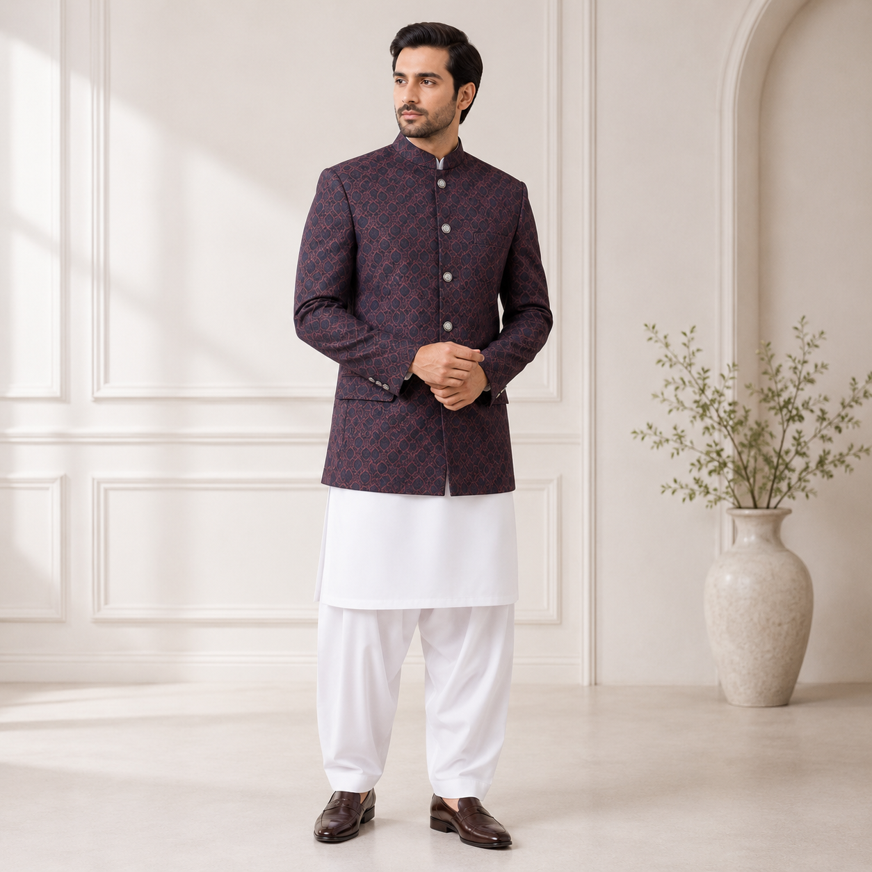 Men’s MaroonEmbroidered Prince Coat