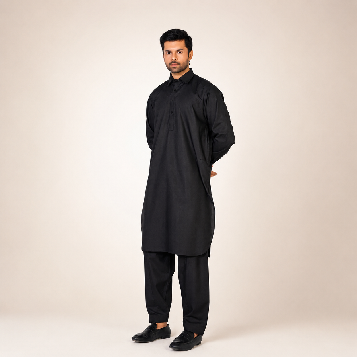 Al Qaisar Black Collar Kameez Shalwar Ready To Wear AQ-105C