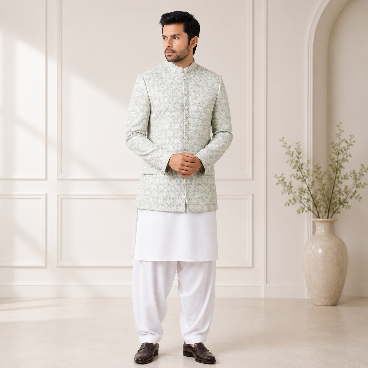 Men’s Beige Embroidered Prince Coat