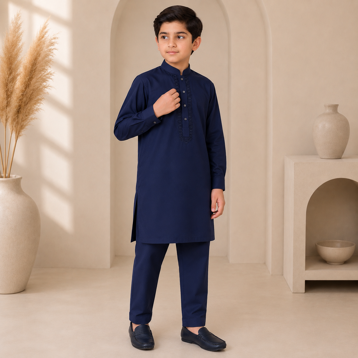 Boys Navy Blue Embroidered Kurta Trouser