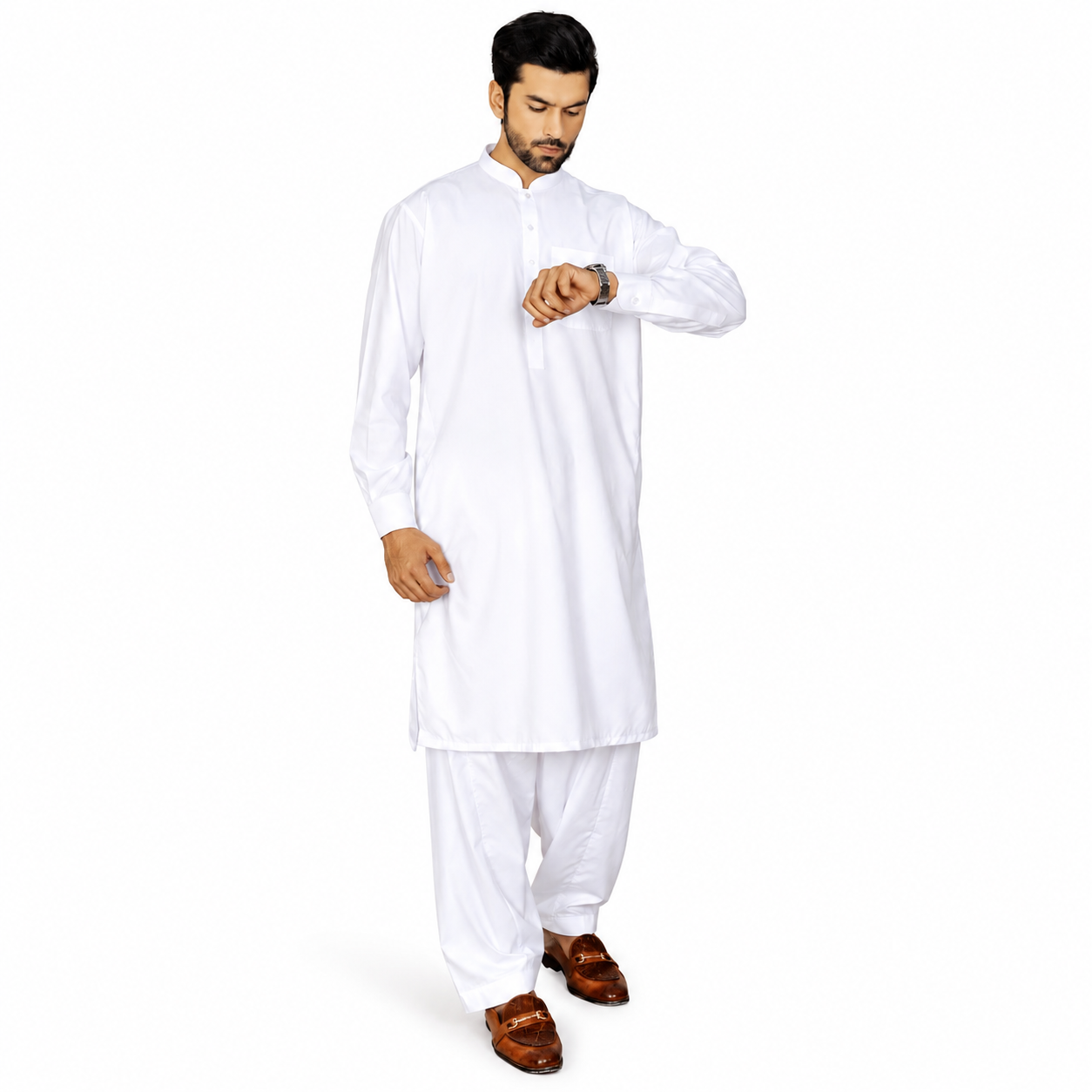 Al-Qaisar Men’s Plain White Shalwar Kameez AQ-101