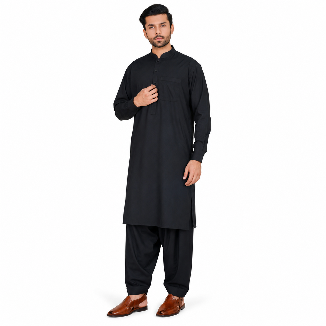 Al-Qaisar Men's Black Ban Collar Plain Shalwar Kameez AQ-103