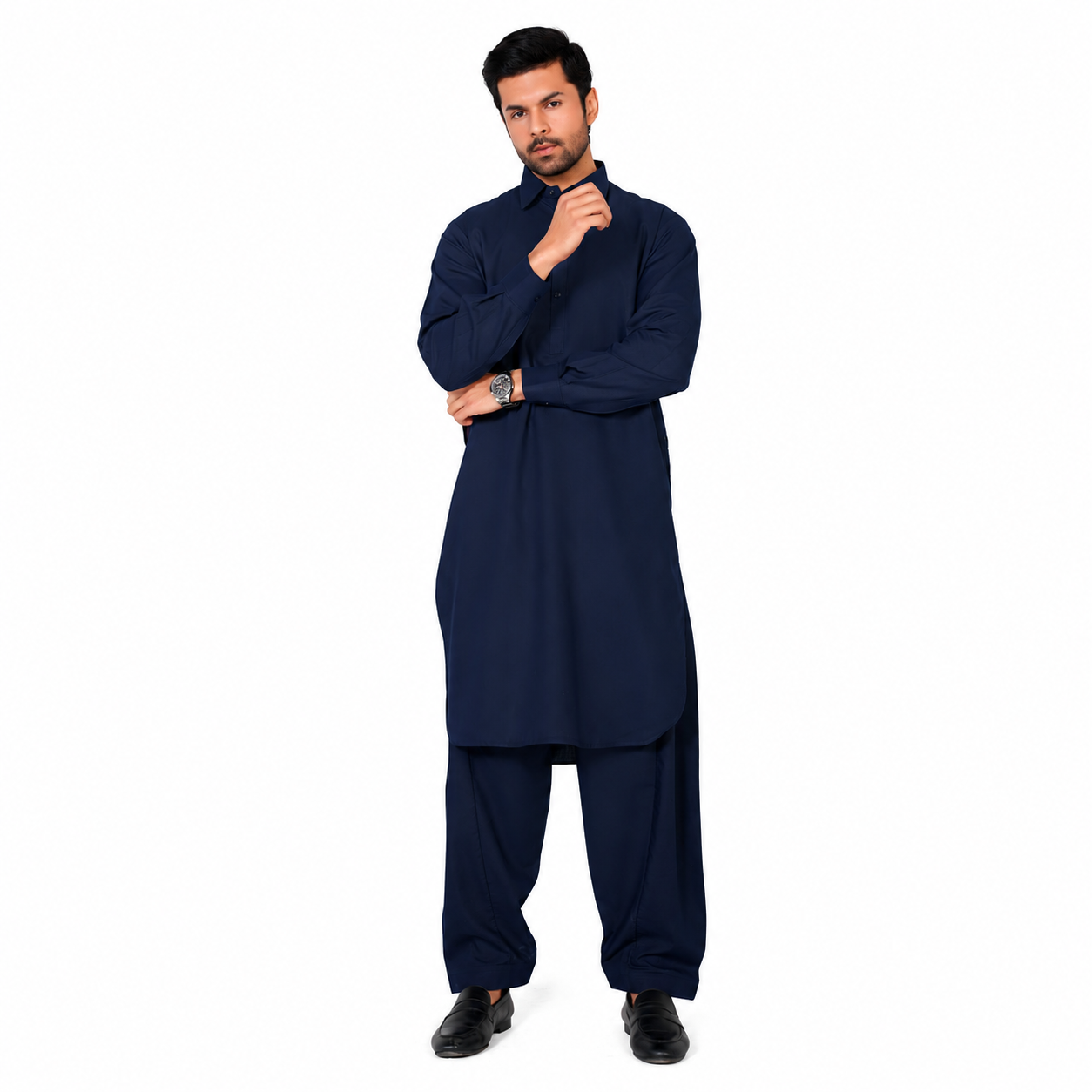 Al Qaisar Navy Blue Collar Kameez Shalwar AQ-106C