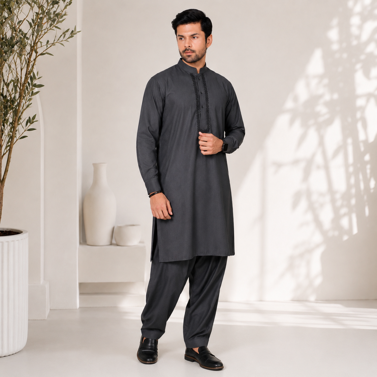 Men’s Dark Grey Embroidered Kameez Shalwar AQ-111