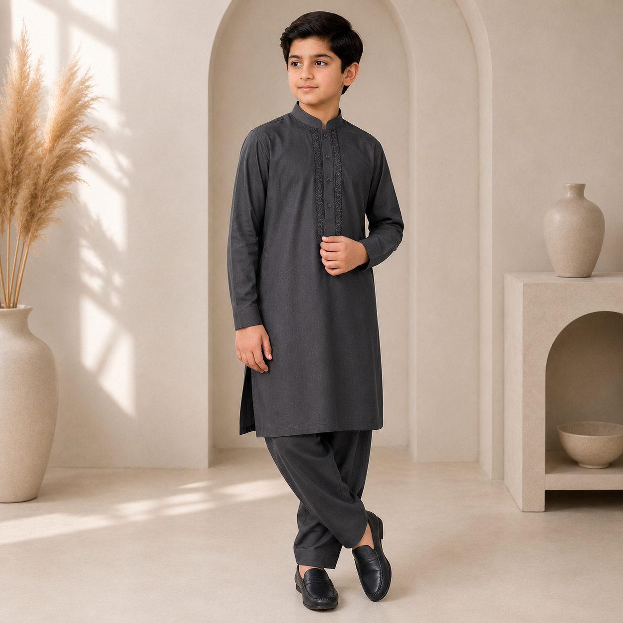 Dark Grey Embroidered Kurta Trouser